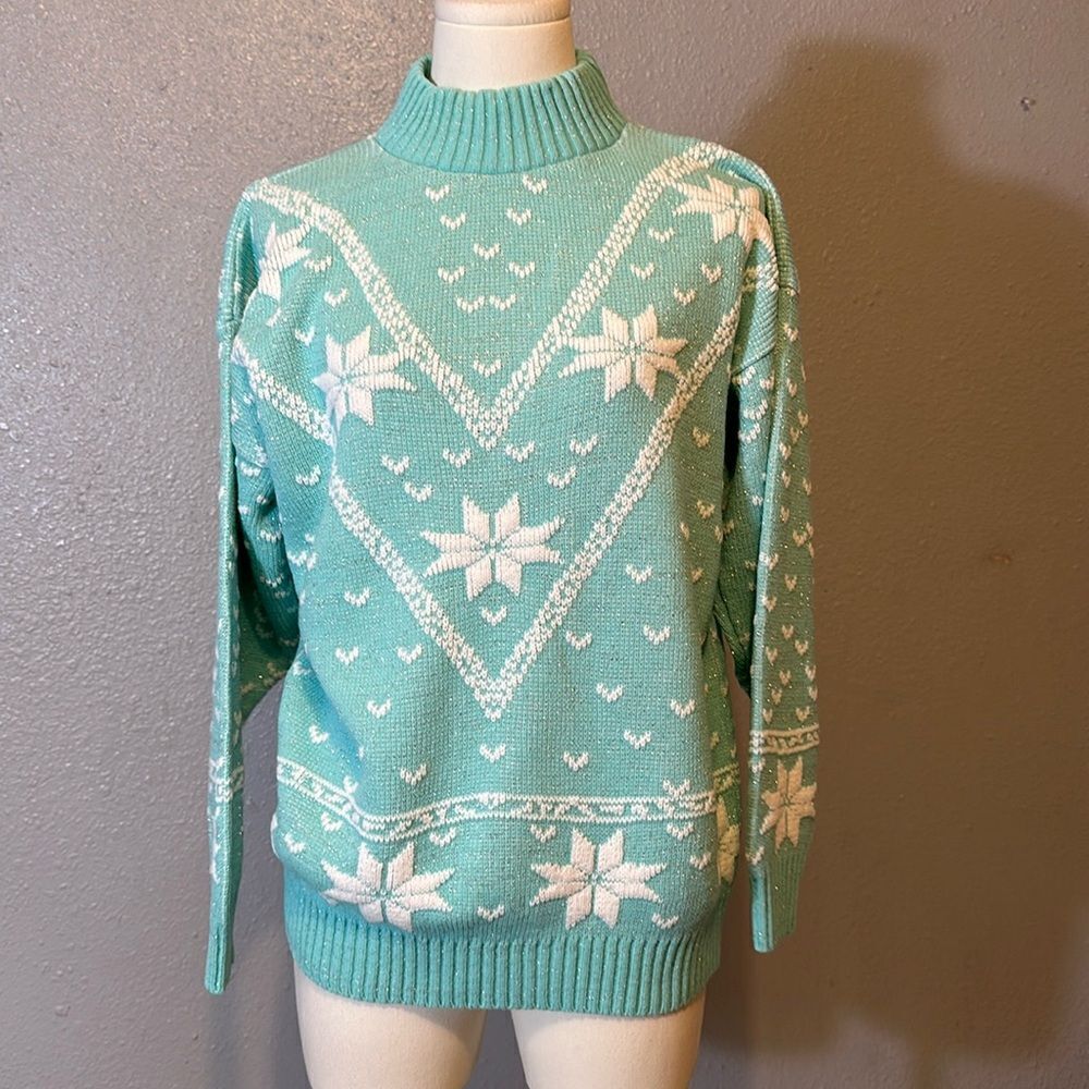 Vintage sweater exchange teal snowflake knit glitter sweater. No size tag